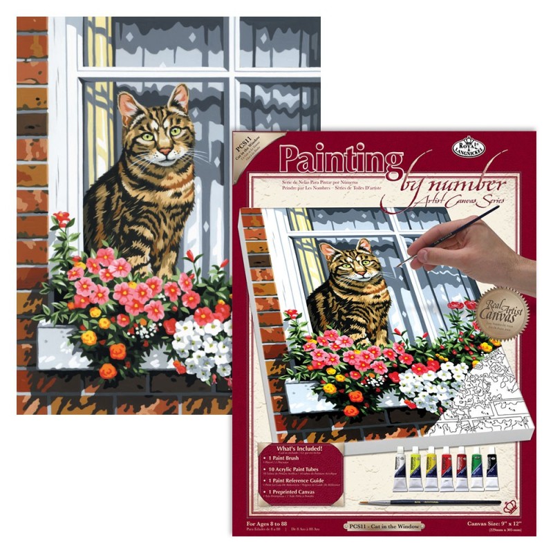 Kit ROYAL LANGNICKEL® Peinture au numero toile sur châssis - Le Chat à la fenêtre - Petit format