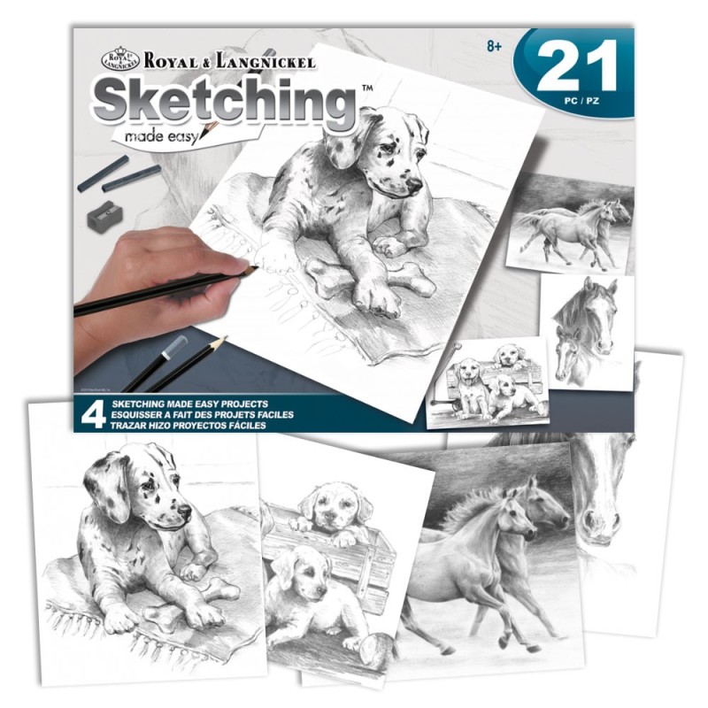 Coffret pour esquisse et croquis ROYAL LANGNICKEL® - 4 projets Chiens et Chevaux