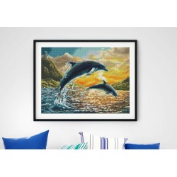 DIAMOND DOTZ® Carré Dauphins au coucher de soleil - Avec cadre